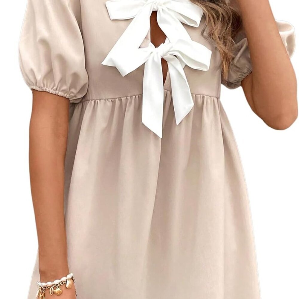 Women's Puff Sleeve Short Dress Polyester Tie Front A Line Babydoll Casual
